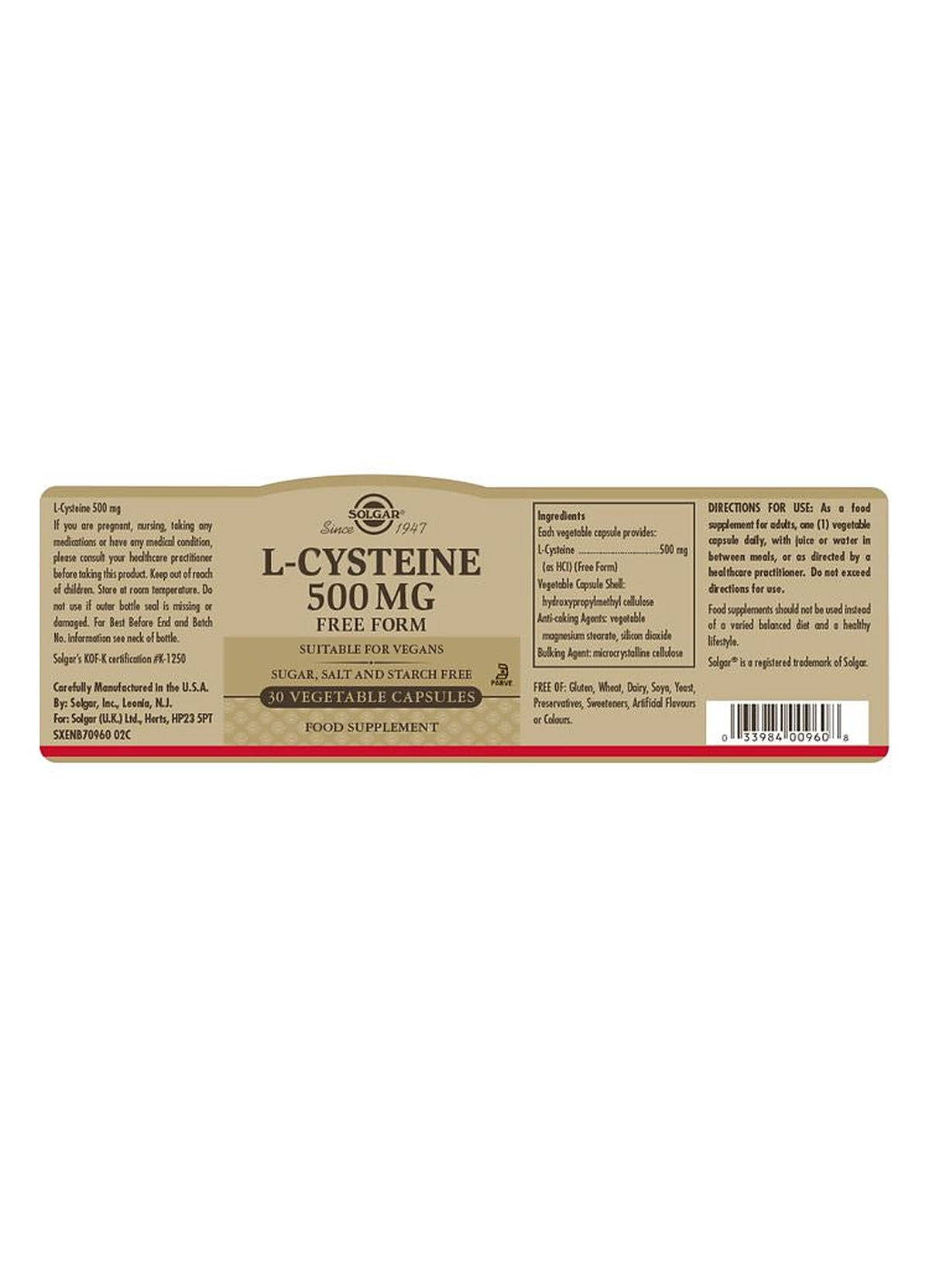 Solgar L-Cysteine 500 mg - 30 Vegicaps - image 3