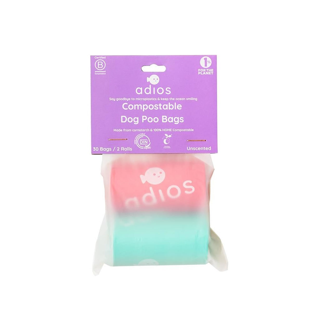 Adios Plastic Compostable Poo Bag Rainbow 30 Pack Non Handle