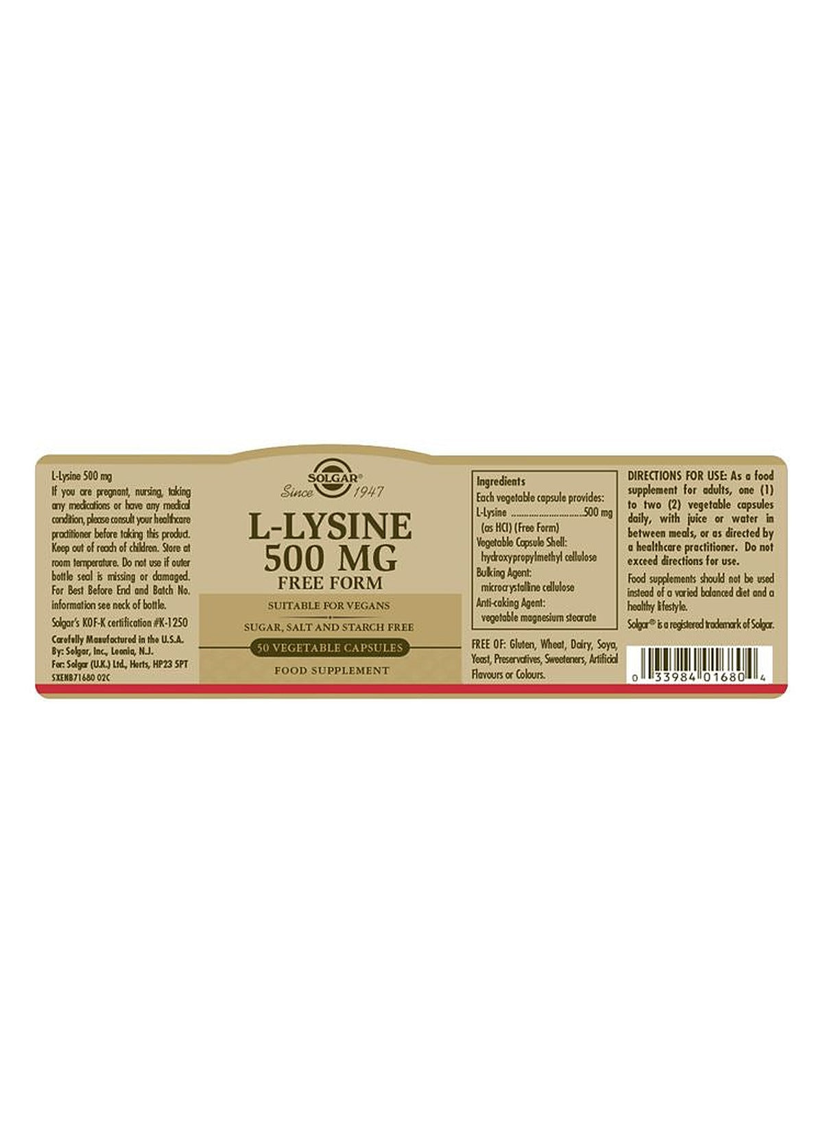 Solgar L-Lysine 500 mg - 50 Vegicaps - image 3