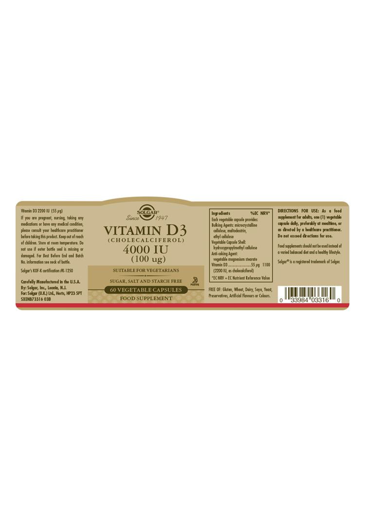 Solgar Vitamin D3 (Cholecalciferol) 4000 IU (100 µg) - 60 Vegicaps