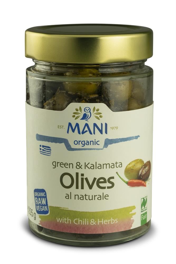 Mani Organic Mixed Olives with Chilli and Herbs 205g