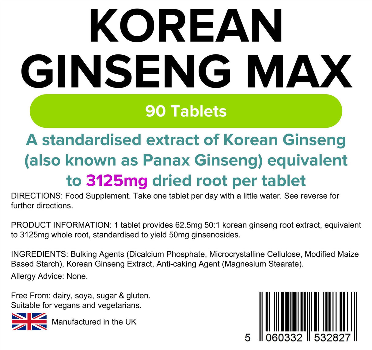 Lindens Korean Ginseng Max 3125mg - 90 Tablets