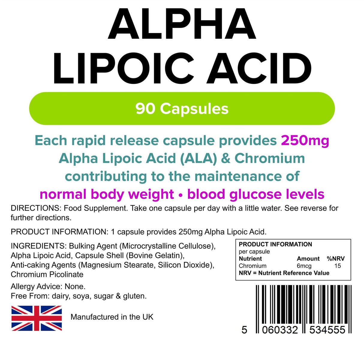 Lindens Alpha Lipoic Acid 250mg - 90 Capsules