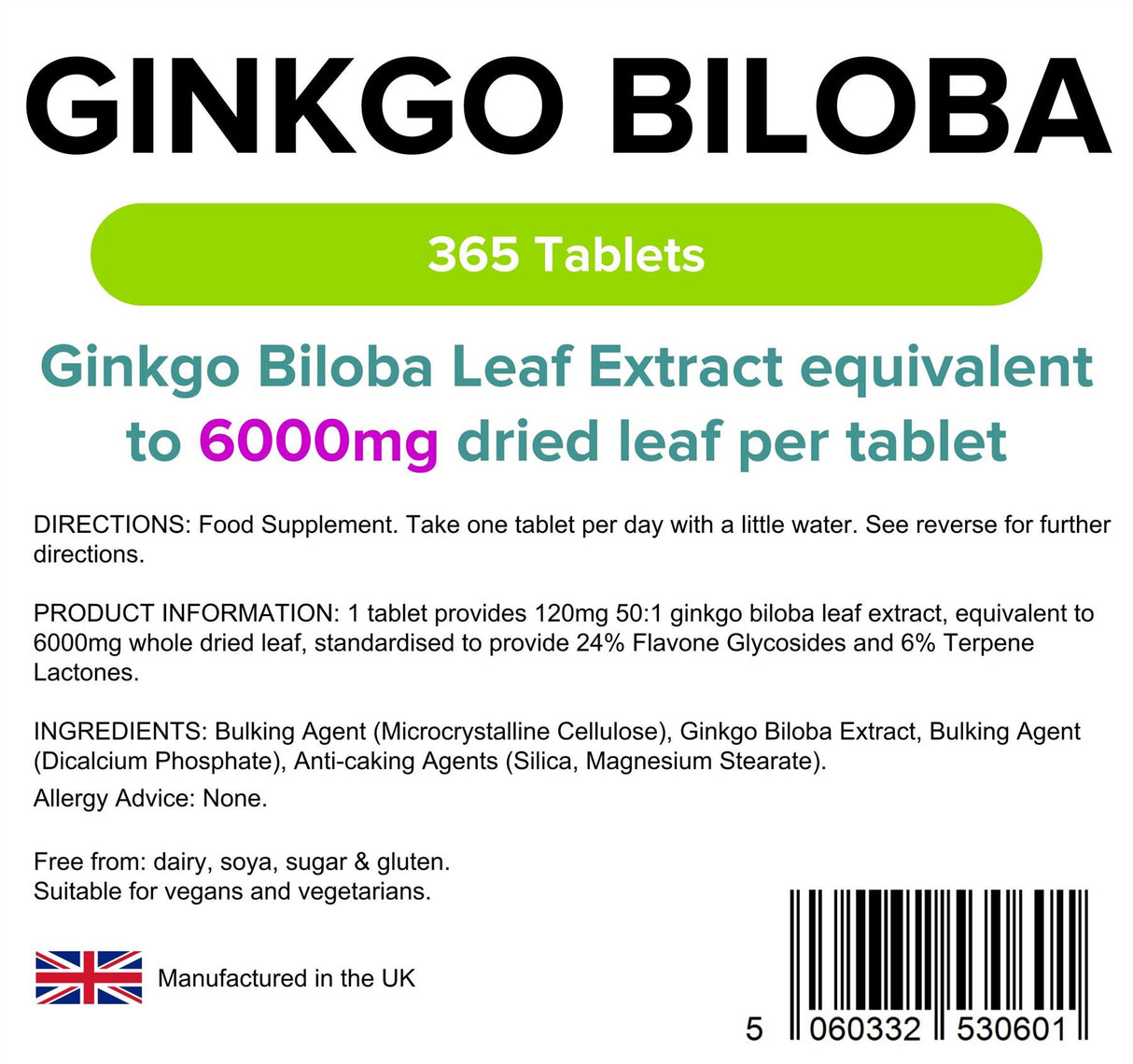 Lindens Ginkgo Biloba 6000mg - 365 Tablets