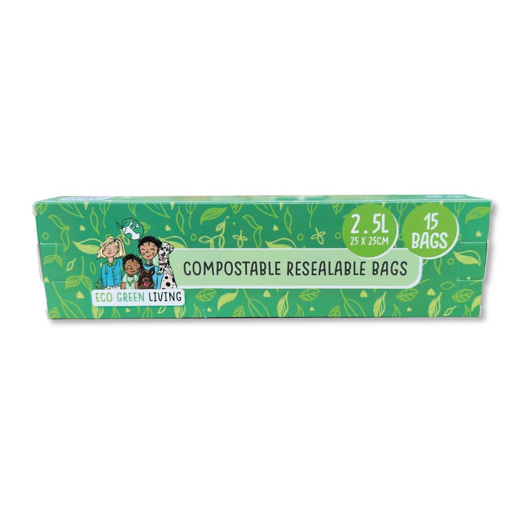 Eco Green Living Compostable Resealable Bags Large 2.5 Litre - 15 bags