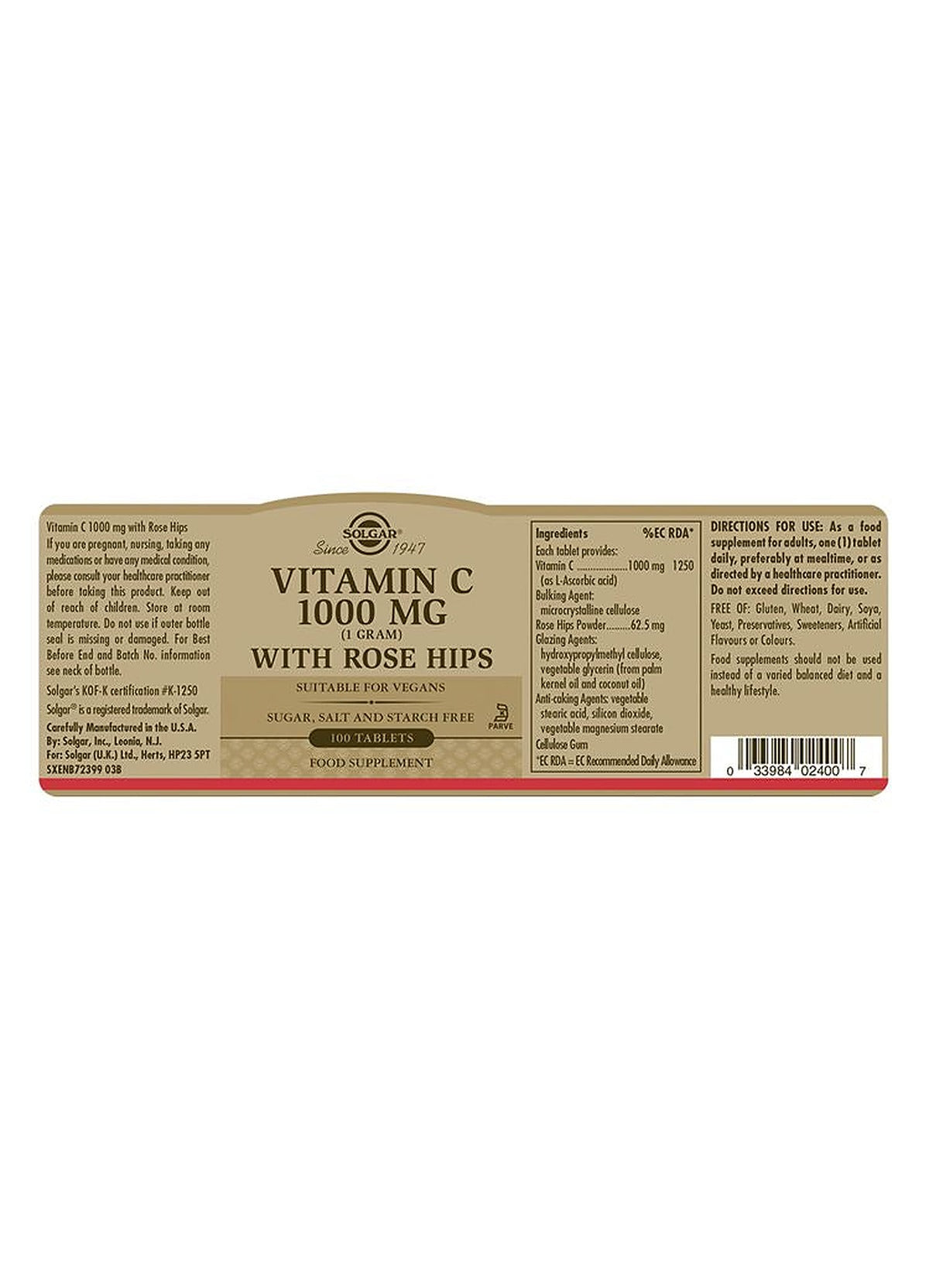 Solgar Vitamin C 1000 mg with Rose Hips - 100 Tablets - image 3