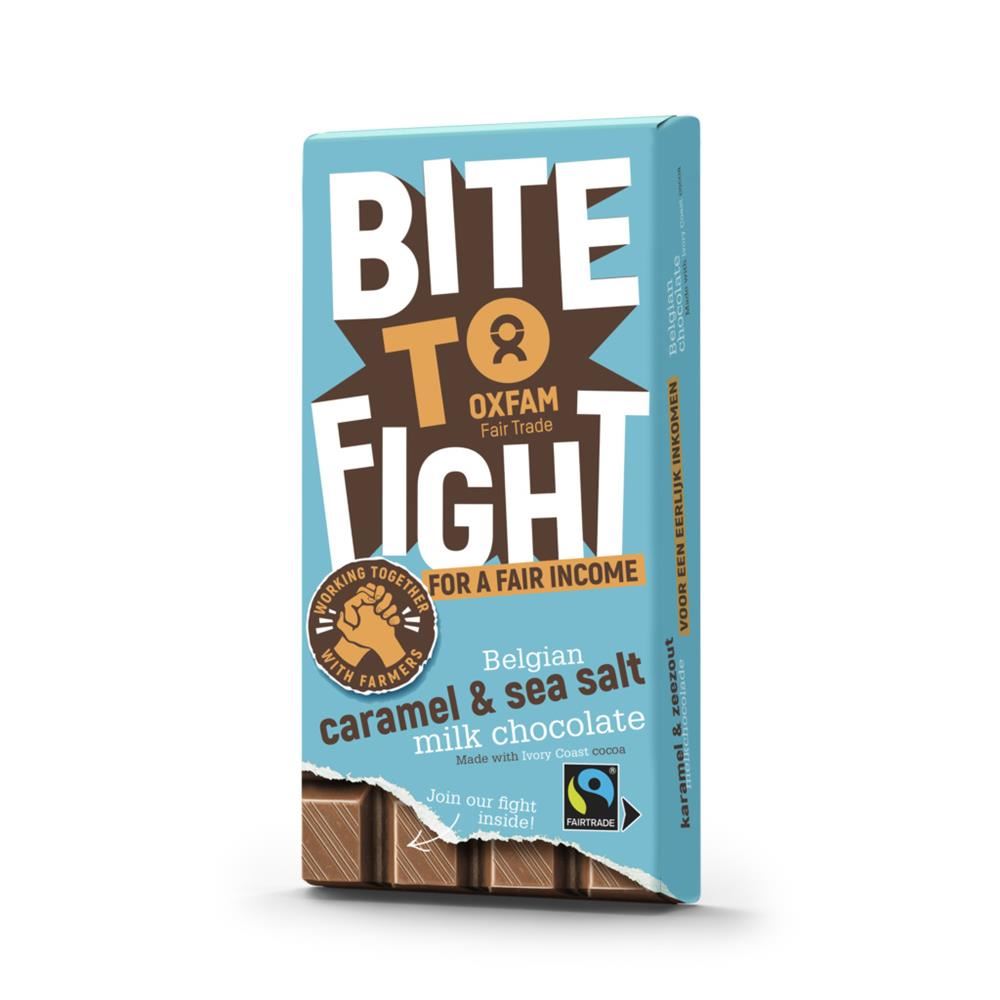 Oxfam Fair Trade BITE TO FIGHT Milk Chocolate Caramel Sea Salt Bar 180g