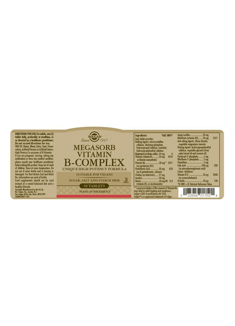 Solgar Megasorb Vitamin B-Complex High Potency - 50 Tablets
