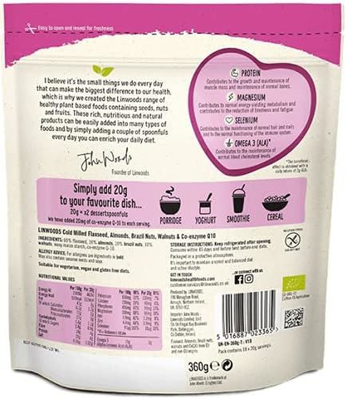Linwoods Milled Flaxseed, Almonds, Brazil Nuts, Walnuts and CoQ10 360g - image 2