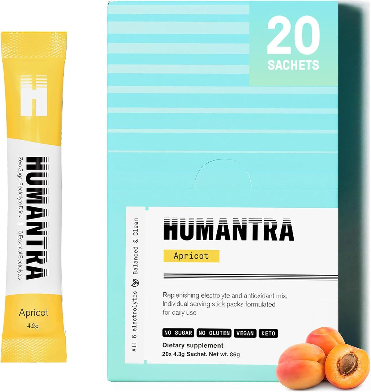 Humantra Electrolyte Powder Apricot 20 Sachets - Hydration Drink Mix with 6 Electrolytes, Vegan, Sugar Free, Gluten Free