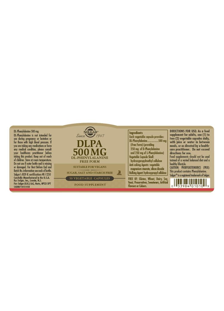 Solgar DLPA 500 mg (DL-Phenylalanine) - 50 Vegicaps
