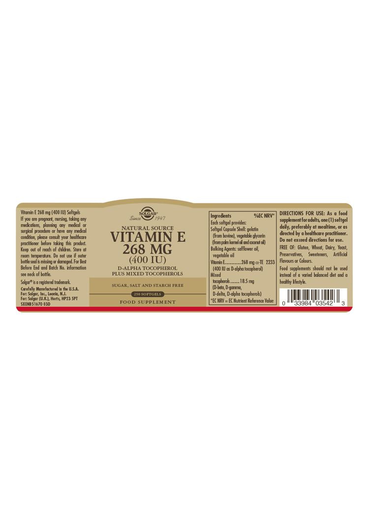 Solgar Natural Source Vitamin E 268 mg (400 IU) - 250 Softgels