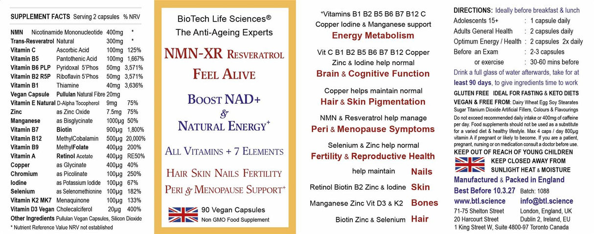 NMN-XR Resveratrol Vitamins Anti-Ageing Hair Skin Menopause 90 Vegan Caps