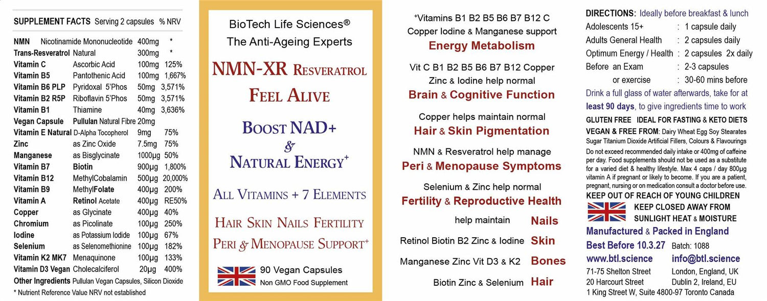 NMN-XR Resveratrol Vitamins Anti-Ageing Hair Skin Menopause 90 Vegan Caps