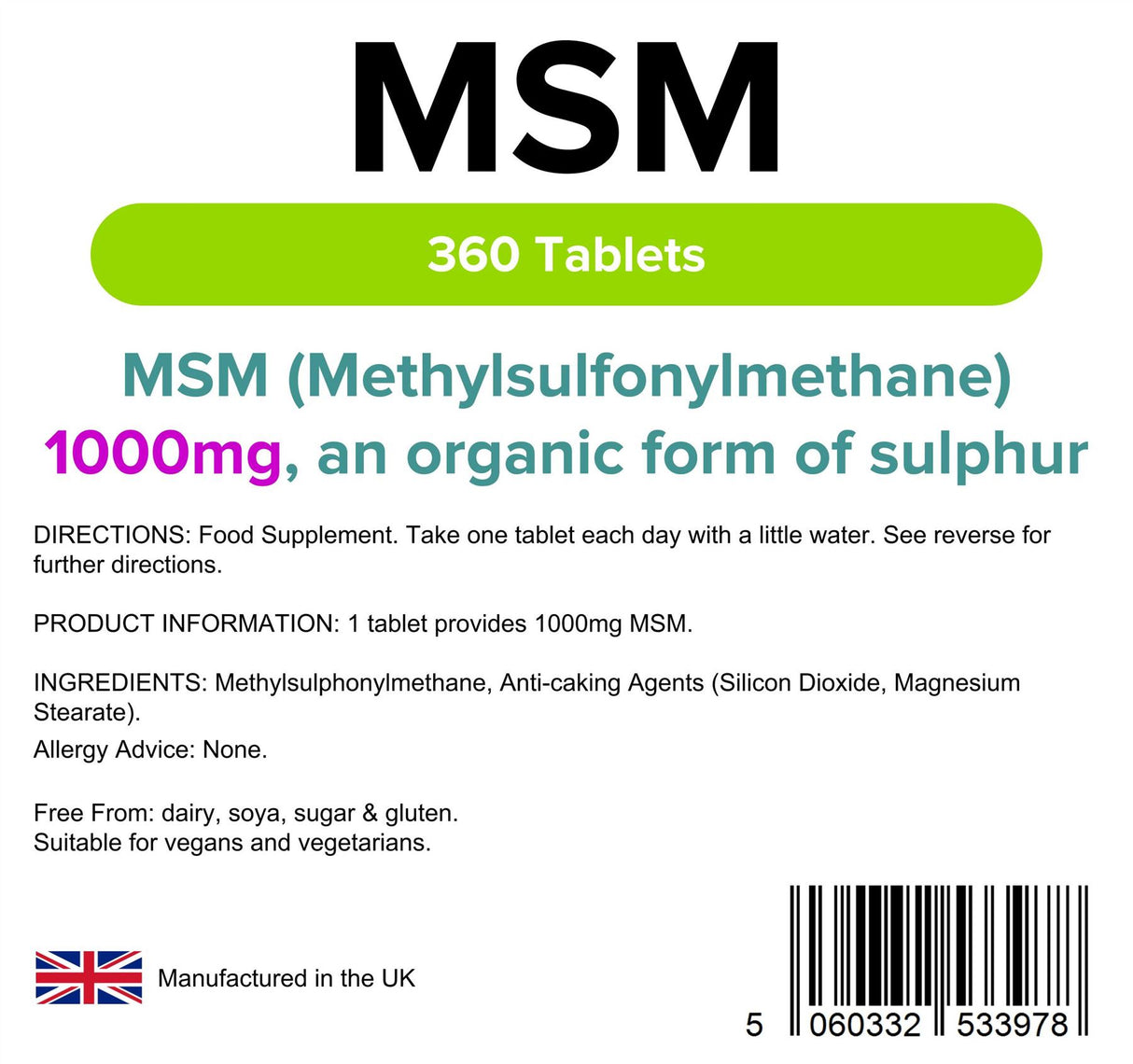 Lindens MSM 1000mg - 360 Tablets