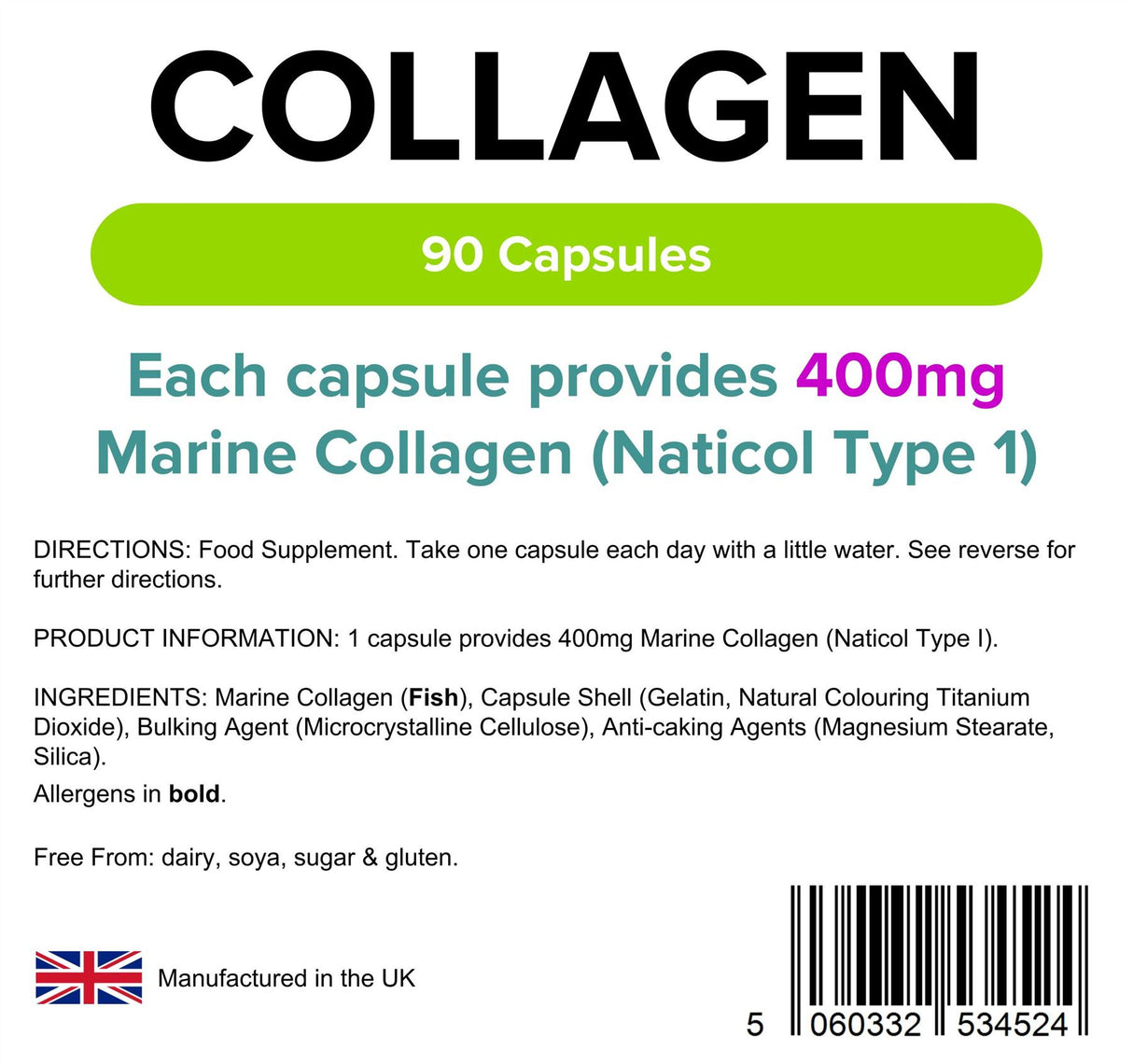 Lindens Collagen (Marine) 400mg - 90 Capsules