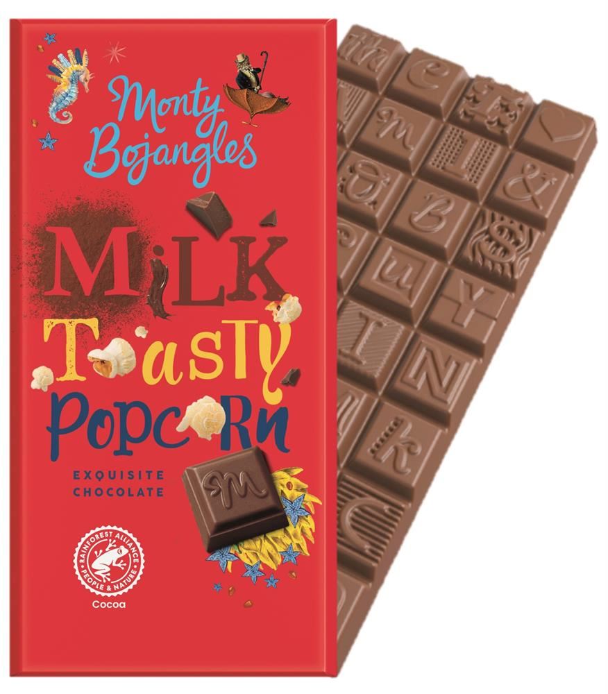 Monty Bojangles MB Rain Forest Alliance MILK Toasty Popcorn Chocolate Bar 150g