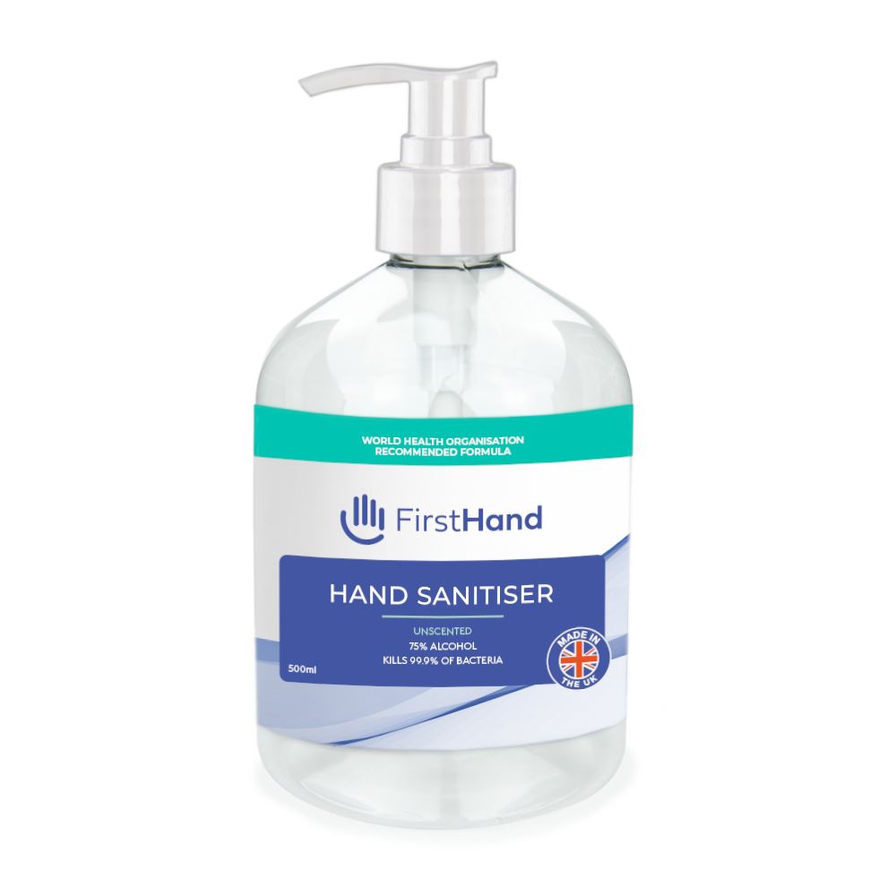 First Hand 75% Alcohol Hand Sanitiser (WHO Formula) 500ml Pump Bottle