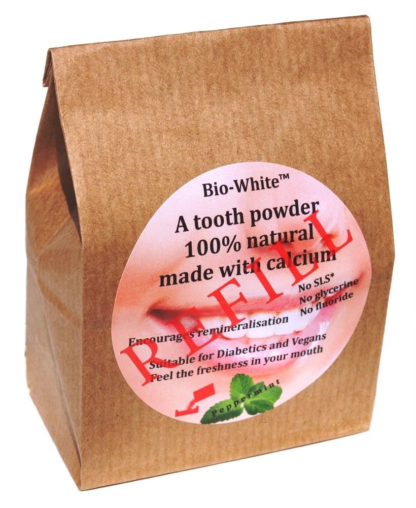 Bio-White Tooth Powder Peppermint refill in a paper bag 35g