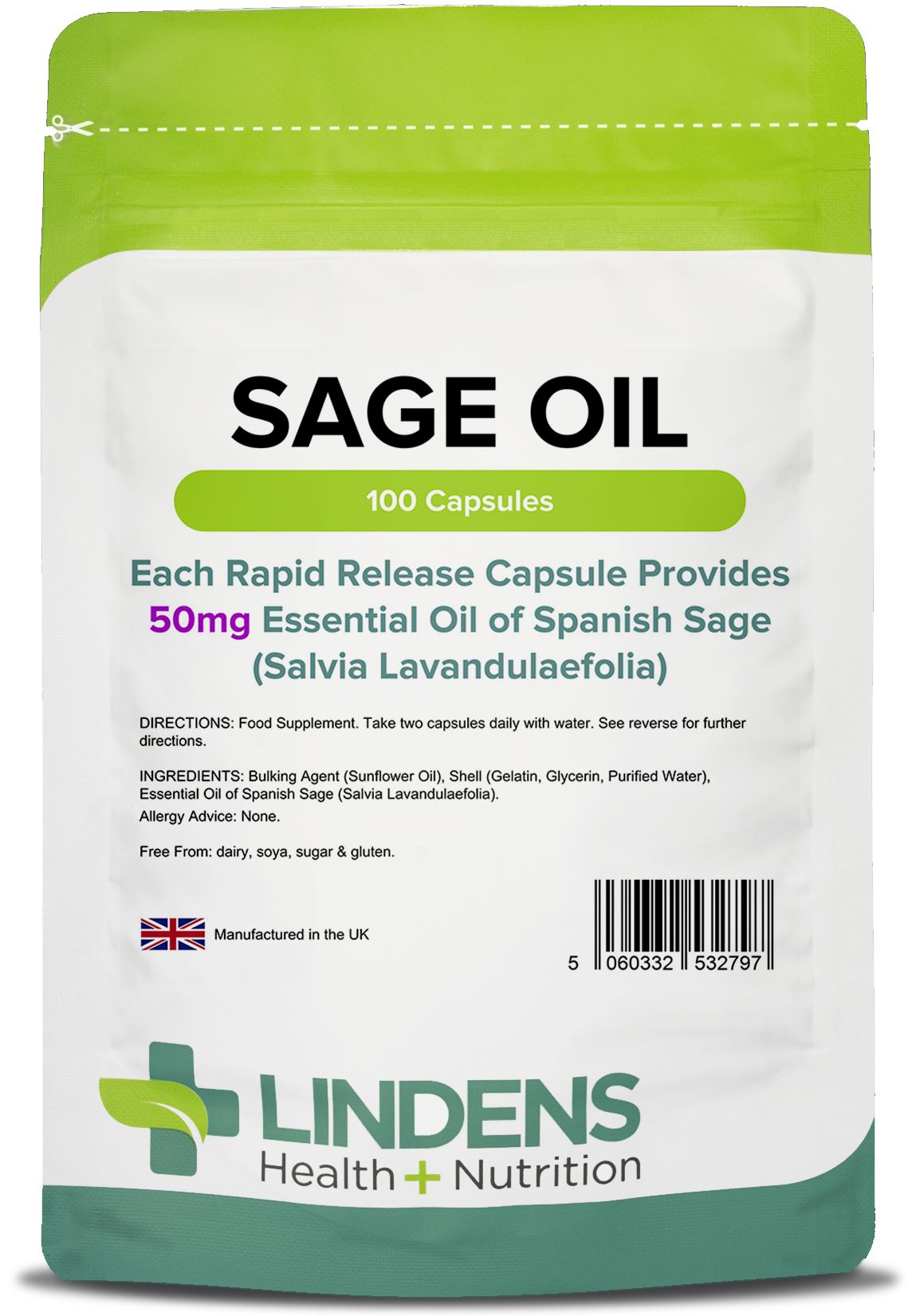 Lindens Sage Oil (Essential Oil of Spanish Sage 50mg) - 100 Capsules