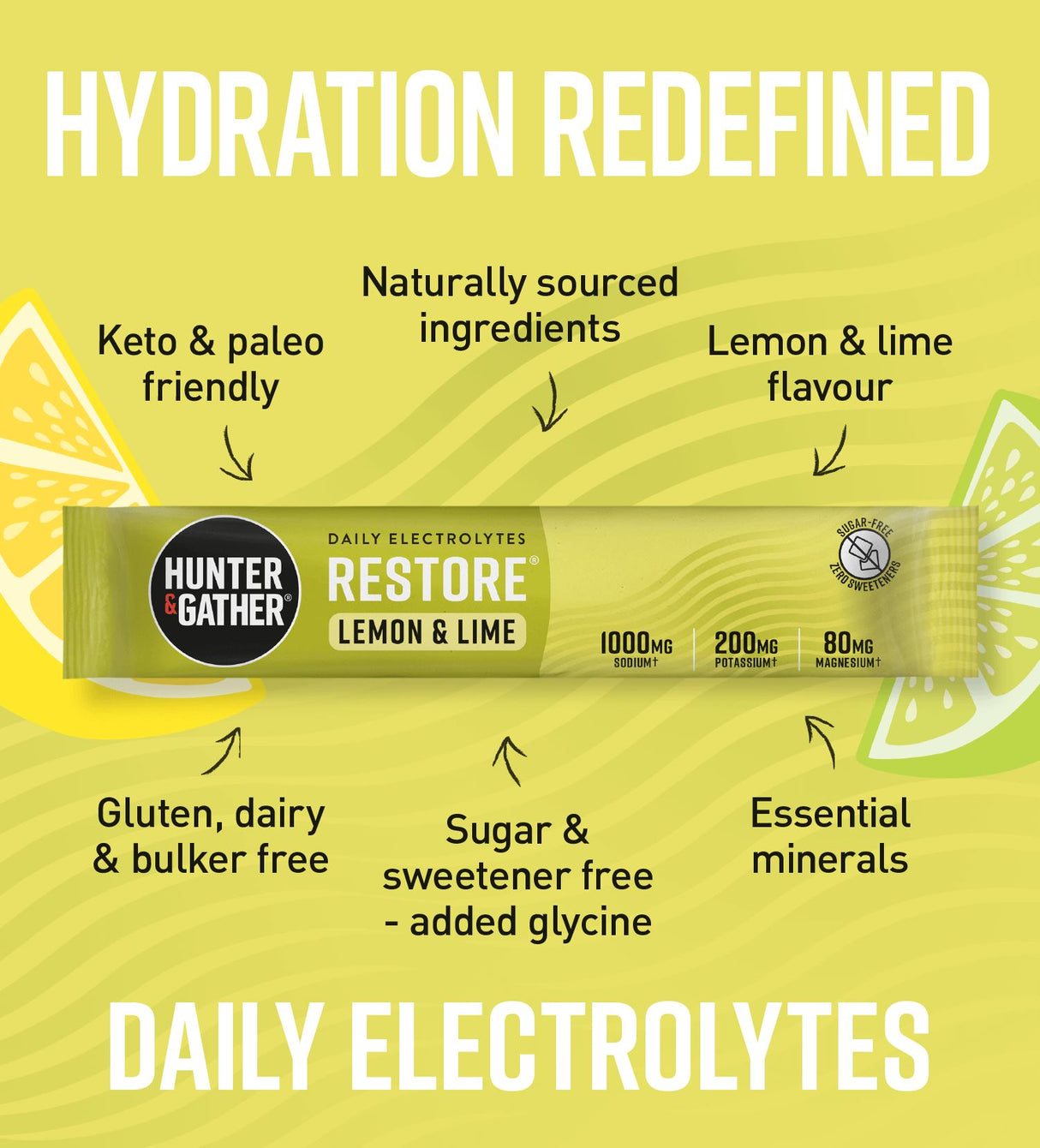 Hunter & Gather Restore Lemon & Lime Electrolyte Sachets 30 x 5.21g per pack
