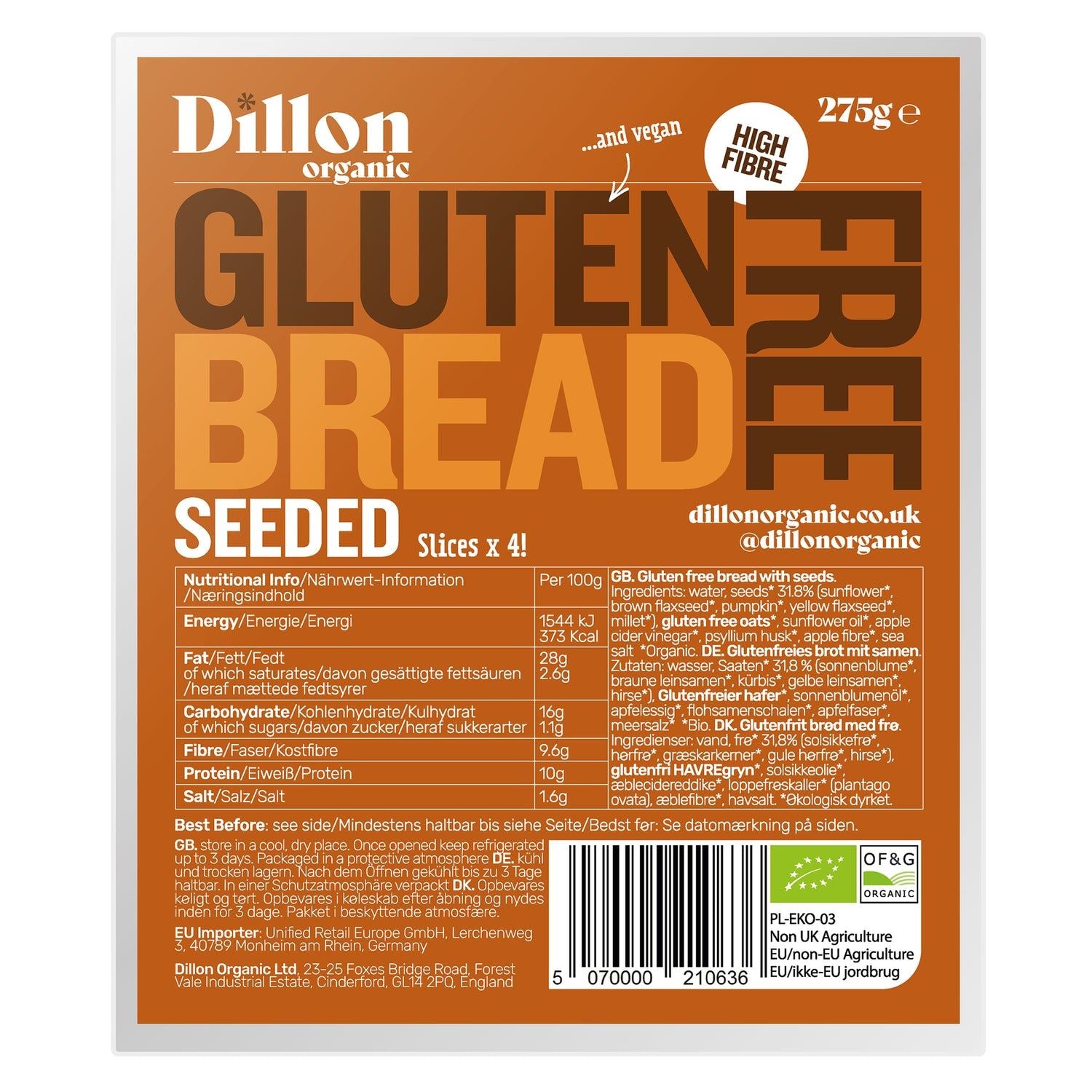 Dillon Organic Gluten Free Seeded Bread 275g - Pack of 6