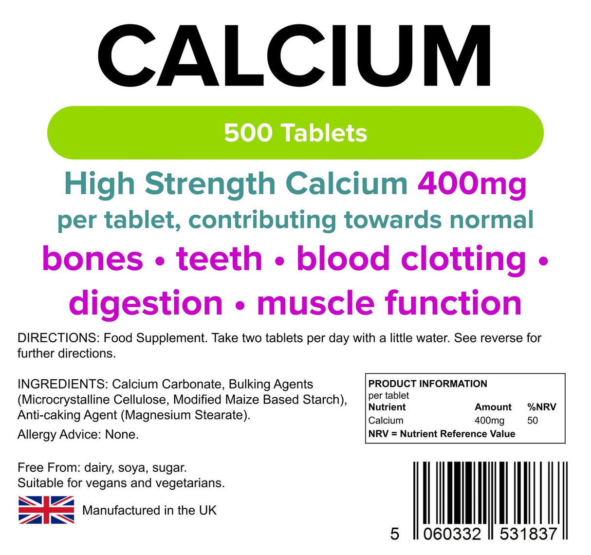 Lindens Calcium 400mg - 500 Tablets