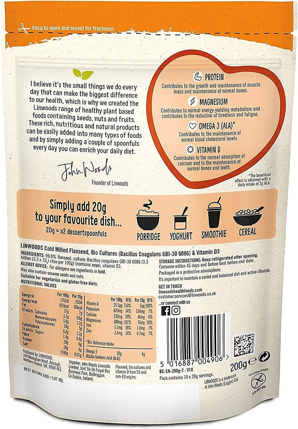 Linwoods Cold Milled Flaxseed, Bio Cultures & Vitamin D 360g - image 2