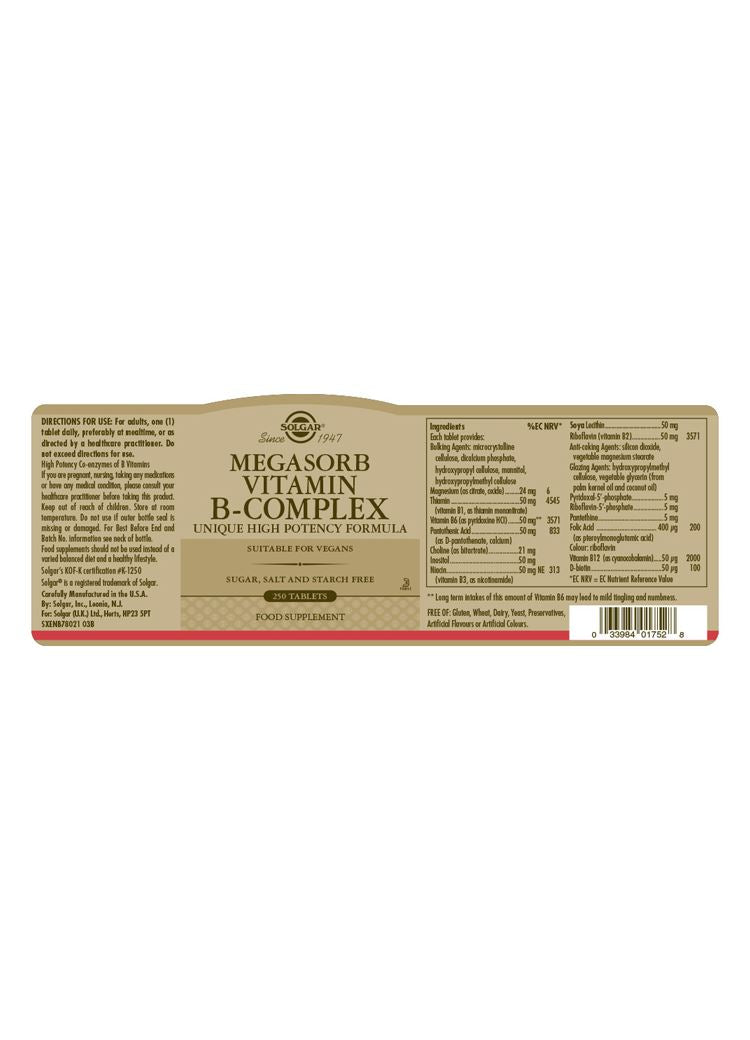 Solgar Megasorb Vitamin B-Complex High Potency - 250 Tablets