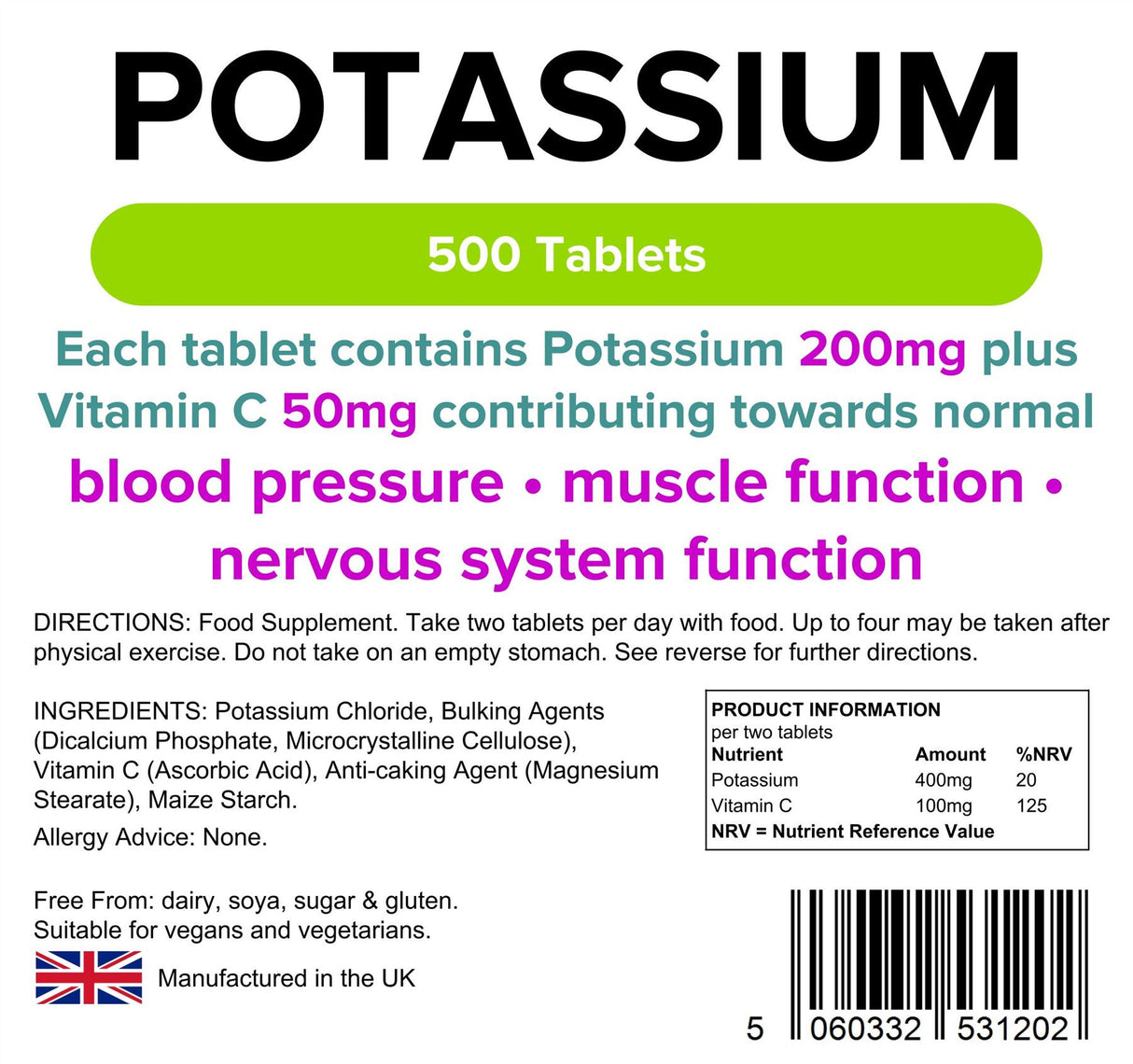 Lindens Potassium 200mg - 500 Tablets