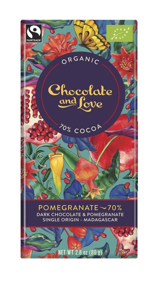 Chocolate Love Organic/Fairtrade dark chocolate pomegranate 70% 80g - 14 Pack