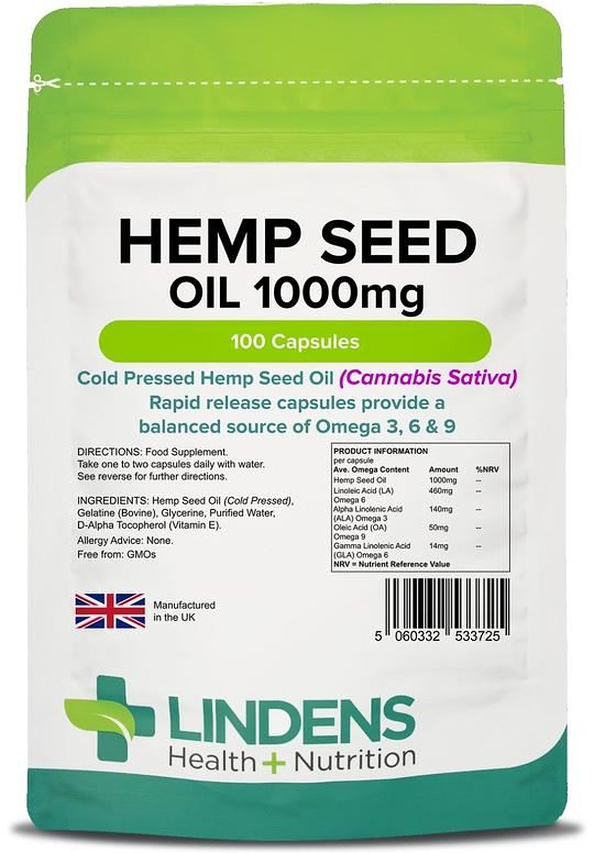 Lindens Hemp Seed Oil 1000mg - 100 Capsules