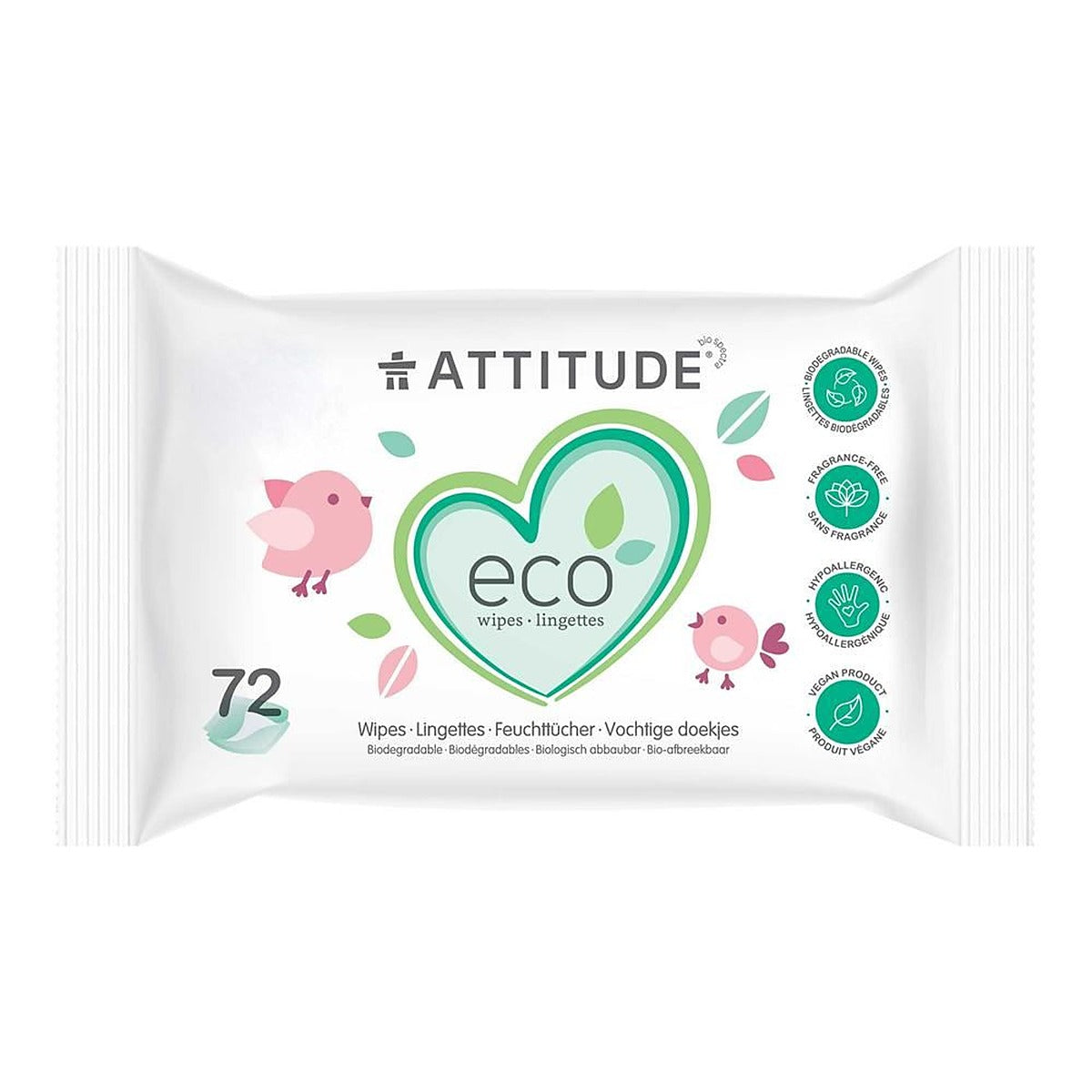 Attitude Biodegradable Baby Wipes Fragrance-free 72 wipes