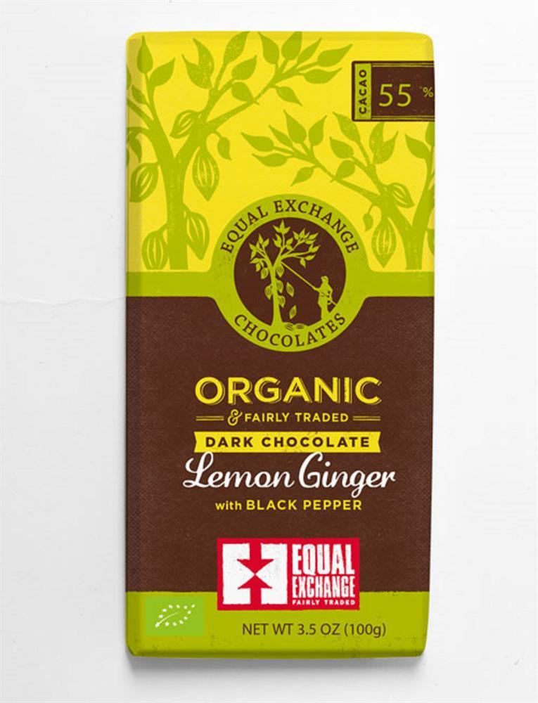 Equal Exchange Organic Fair Trade Lemon Ginger Pepper Chocolate 55%100g -12 Pack