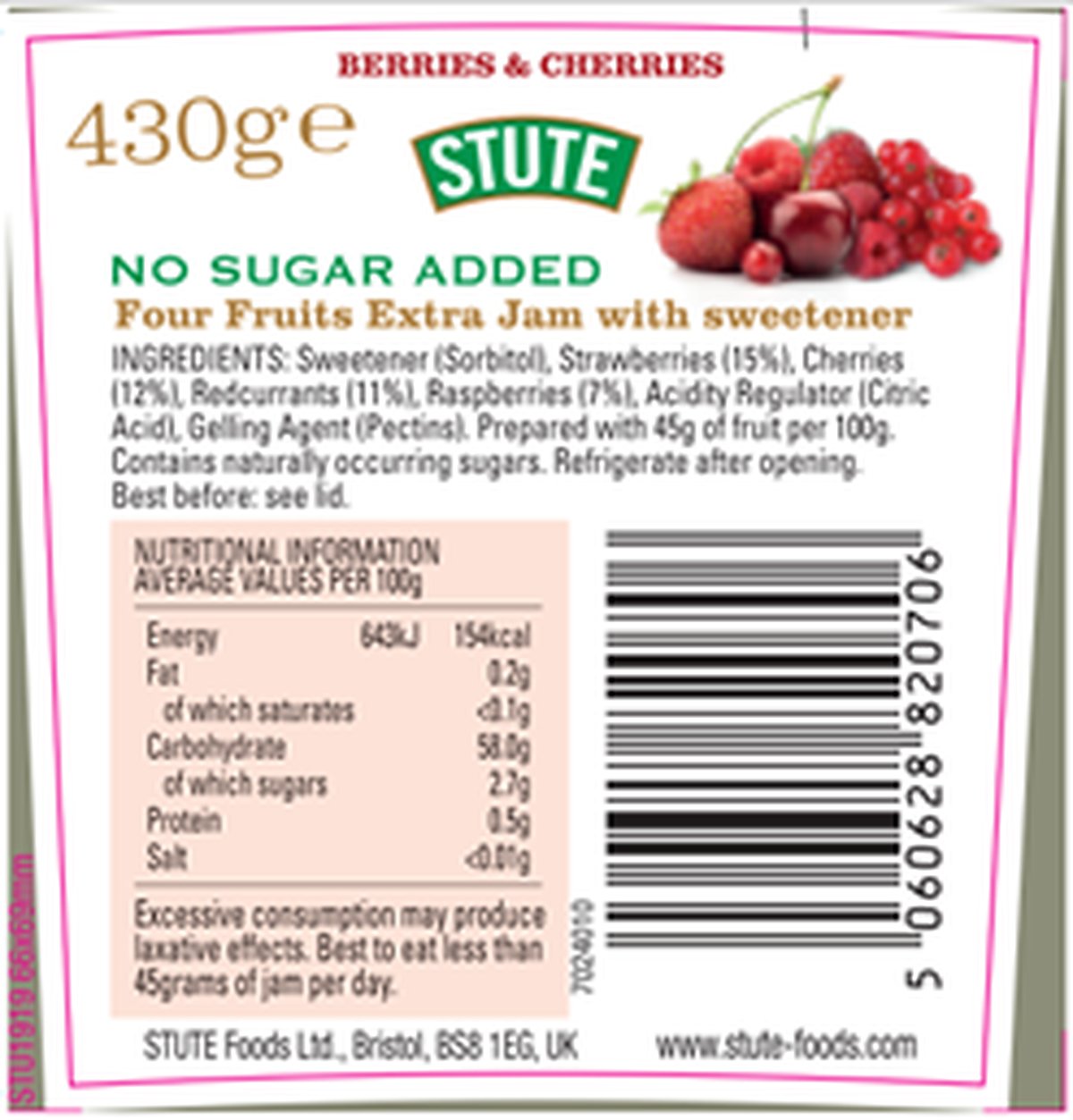 Stute No Sugar Added Berries & Cherries Jam 430g - 2 Pack - image 2