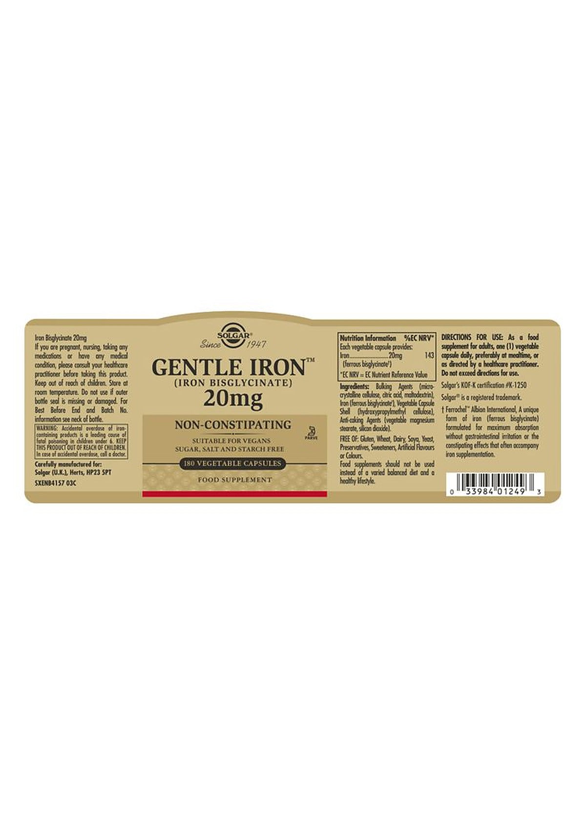 Solgar Gentle Iron (Iron Bisglycinate) 20 mg - 180 Vegicaps - image 3