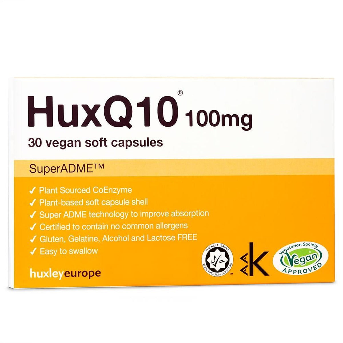 Huxley Europe HuxQ10 100mg Co Enzyme Q10 Vegan Halal Kosher 30 soft capsules