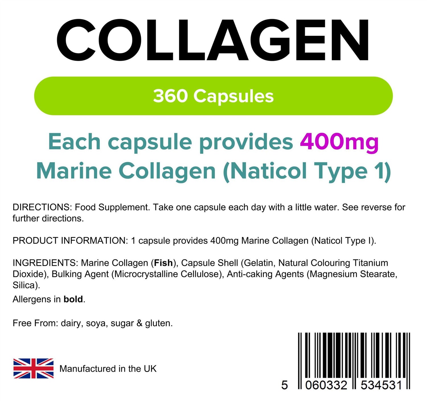 Lindens Collagen (Marine) 400mg - 360 Capsules