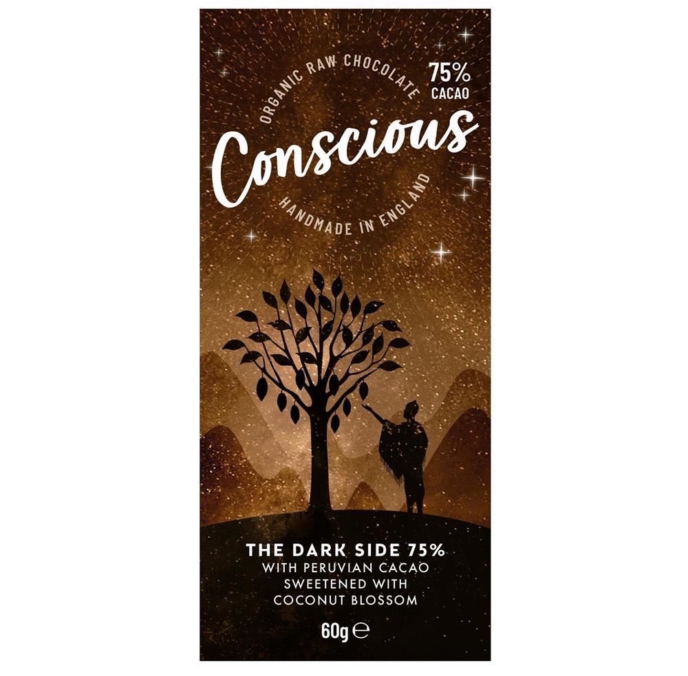 Conscious Chocolate Dark Side 75% Raw Vegan Organic Chocolate Bar 60g - 10 Pack