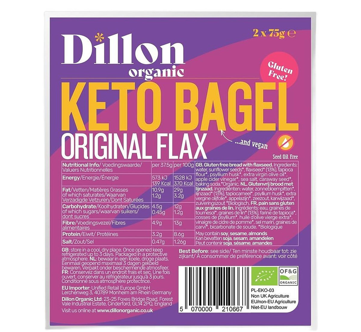 Dillon Organic Gluten Free Keto Bagel - Original Flax (2x75g) - Pack of 6
