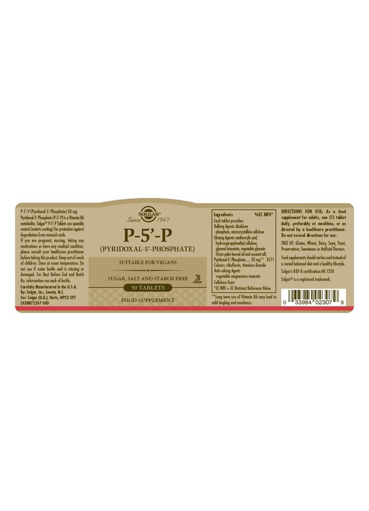 Solgar P-5'-P (Pyridoxal-5'-Phosphate) - 50 Tablets