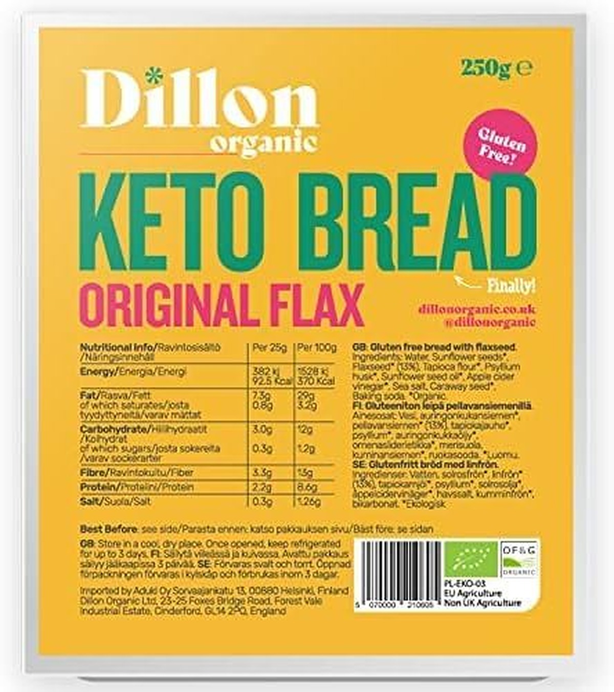 Dillon Organic Orginal Flax Keto Bread 275g - Pack of 6