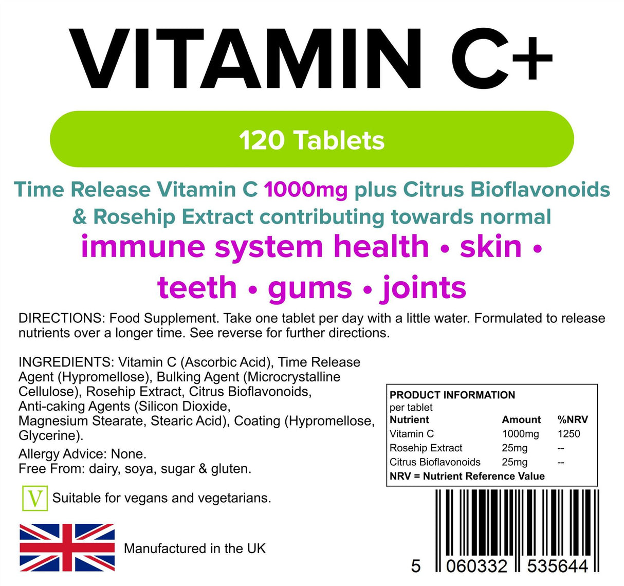 Lindens Vitamin C+ 1000mg - with Rosehip+Bioflavonoids - 120 Time Release Tablets