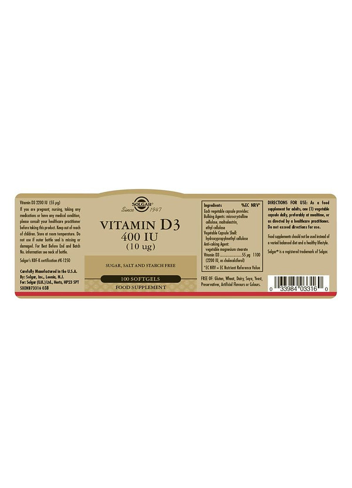 Solgar Vitamin D3 400 IU (10 µg) - 100 Softgels - image 3
