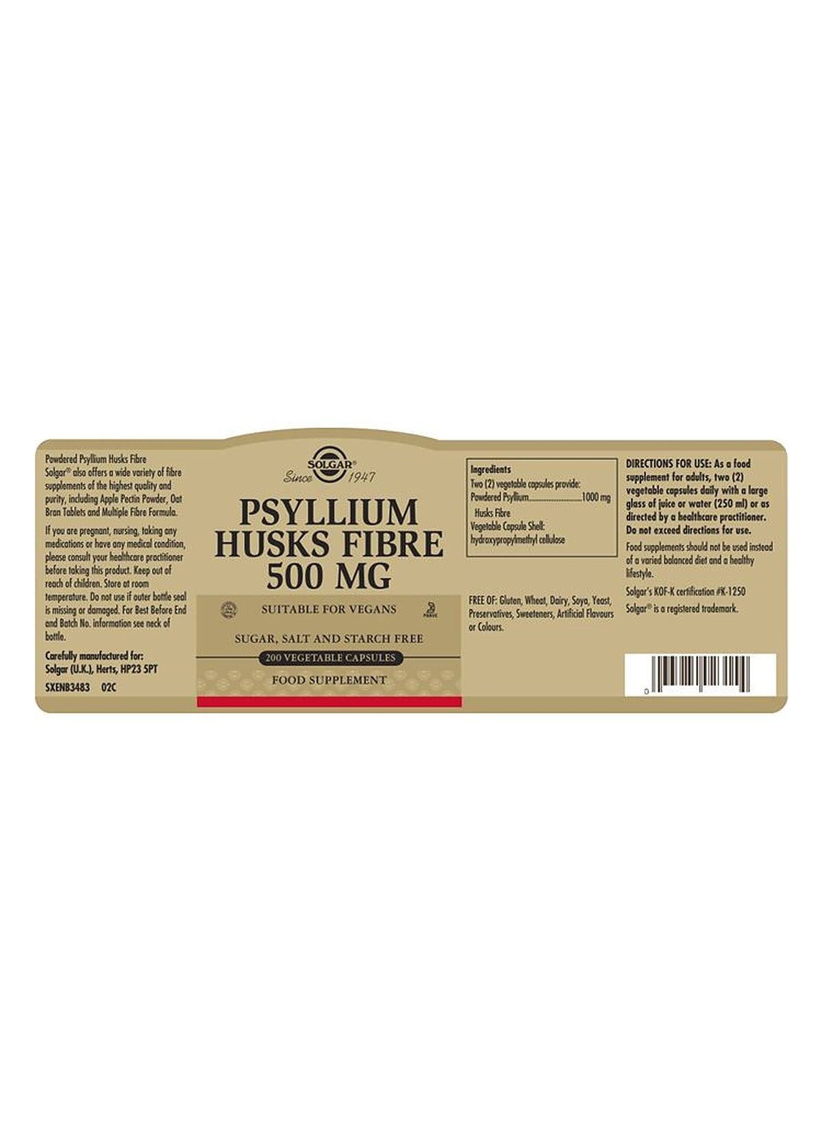Solgar Psyllium Husks Fibre 500 mg - 200 Vegicaps - image 3
