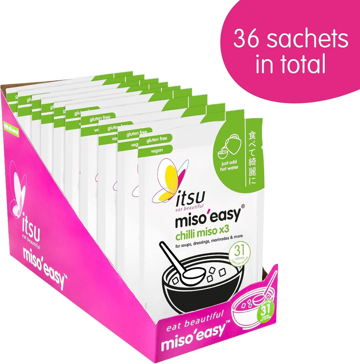 Itsu Chilli Miso'easy Traditional Instant Miso Paste 60g (3x20g Sachets) - Pack of 12 (36 Soups)