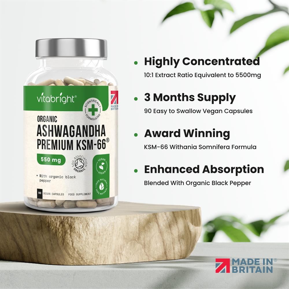 Vitabright Organic KSM-66 Ashwagandha 550mg with Black Pepper 180 Capsules