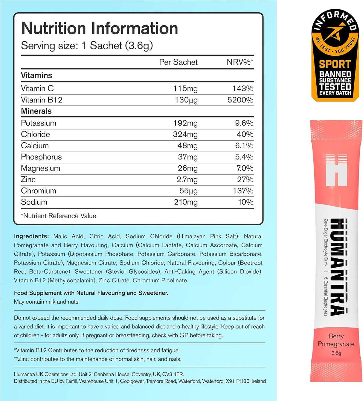 Humantra Electrolyte Powder Berry Pomegranate 20 Sachets - Hydration Drink Mix with 6 Electrolytes, Vegan, Sugar Free, Gluten Free