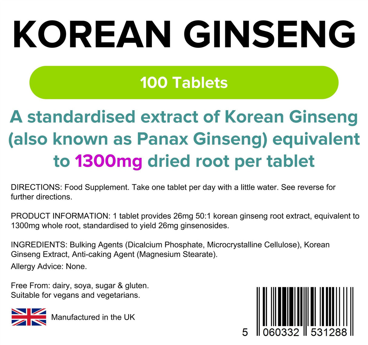 Lindens Korean Ginseng 1300mg - 100 Tablets
