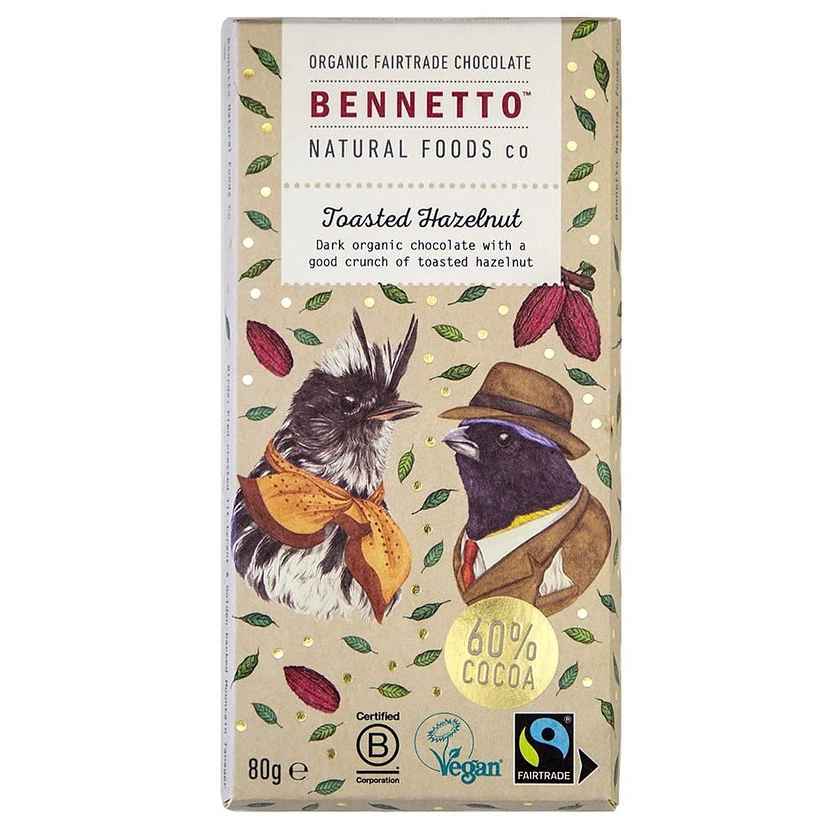 Bennetto Organic Chocolate Bar Toasted Hazelnuts 80g